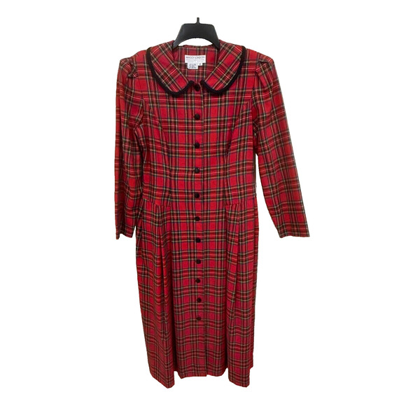Maggy London Red Black Plaid Button Front Dress Modest Sz 10 Preppy Teacher Vtg - Picture 1 of 7